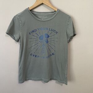 Lucky Brand Womens XS Shirt Green Graphic Print Crew Neck Pullover Short Sleeve